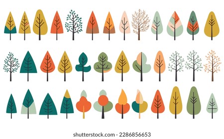 colorful flat abstract trees in the style of animated shapes set of vector with minimalist outlines