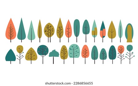 coloridos árboles abstractos planos en el estilo de formas animadas conjunto de vector con contornos minimalistas