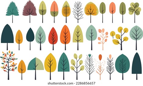 colorful flat abstract trees in the style of animated shapes set of vector with minimalist outlines