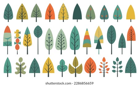 coloridos árboles abstractos planos en el estilo de formas animadas conjunto de vector con contornos minimalistas
