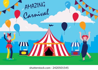 Colorful flat amazing carnival background with ballon and cartoon