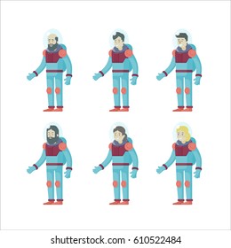 Colorful flat astronauts set with male and female cosmonauts in spacesuits on white background isolated vector illustration