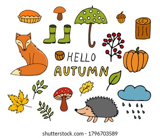 Colorful flat autumn illustrations set. Flat autumn icons collection.