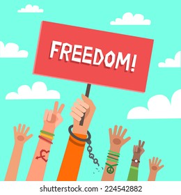 Colorful flat background with a lot of hands of young people on demonstration and placard for a text. Hand breaking steel handcuffs and holding Freedom placard.