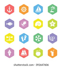 colorful flat beach and summer icon set on hexagon for web design, user interface (UI), infographic and mobile application (apps)