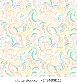 Ramas planas coloridas en pequeñas formas puntos, gotas, manchas patrón sin fisuras. Fondo de monograma floral simple con tallos retorcidos texturizados abstractos. Dibujo de mano de vector. Collage para diseño