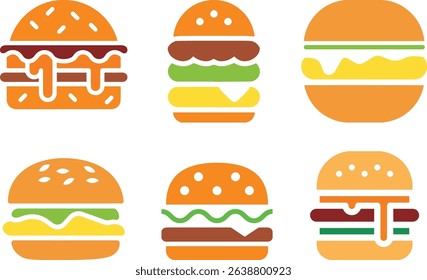 Colorful Flat Burger Icon Set Vector Fast Food Icons for Menu, App, or Design