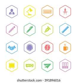 colorful flat business and office icon set with hexagon frame for web design, user interface (UI), infographic and mobile application (apps)