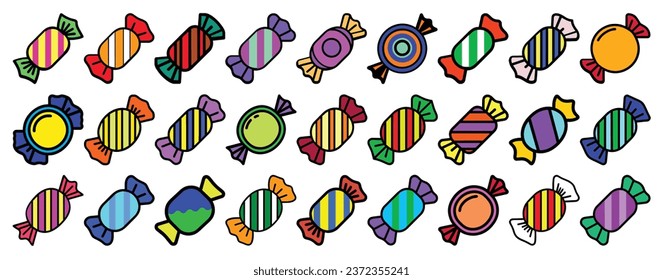 Colorful flat candy sweet set, jellies, chocolate, Assorted wrapped candies, vector illustration isolated