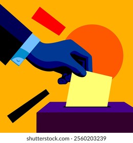 Colorful flat cartoon drawing depicting a man's hand dropping a ballot into a ballot box. Vector illustration