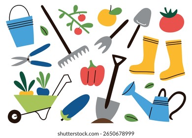 Ilustração de vetor de desenhos animados plano colorido conjunto de ferramentas de jardinagem e agricultura, frutas e legumes. Pá, lata de água, botas de borracha e carrinho de mão. Conceito para hobby, agricultura, estilo de vida ecológico
