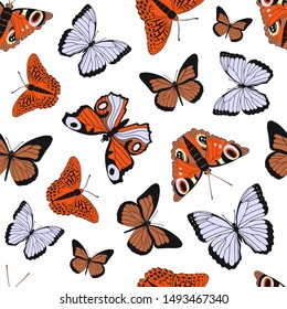 Colorful flat cartoon vector seamless pattern with different butterflies on white background.