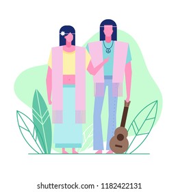 Colorful flat characters,subculture music genre apparel style concept.Flat people,man and women in hippie styles clothes outfit on green white background