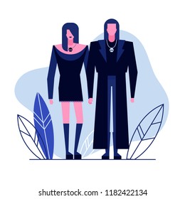 Colorful flat characters,subculture music genre apparel style concept.Flat people,man and women in goth styles clothes outfit on blue white background