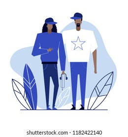 Colorful flat characters,subculture music genre apparel style concept.Flat people,man and women in rap hip hop styles clothes outfit on blue white background