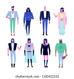 Colorful flat characters,subculture music genre apparel style concept.Flat people outfit styles diversity-hipster,hip hop,rap,punk,hippie,rock,metal,goth,reggae genres on white background