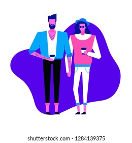 Colorful flat characters,subculture music genre apparel style concept.Flat people,man and women in hipster styles clothes outfit on blue white background  in trendy neon colours, disco style