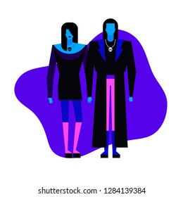 Colorful flat characters,subculture music genre apparel style concept.Flat people,man and women in goth rock styles clothes outfit on blue white background  in trendy neon colours, disco style