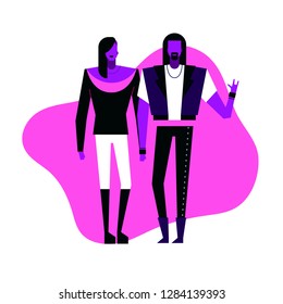 Colorful flat characters,subculture music genre apparel style concept.Flat people,man and women in punk rock styles clothes outfit on blue white background  in trendy neon colours, disco style