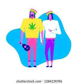 Colorful flat characters,subculture music genre apparel style concept.Flat people,man and women in rasta styles clothes outfit on blue white background  in trendy neon colours, disco style