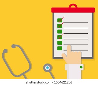 Colorful: Flat check list icon with hand point to the paper. Medical or health care concept, stethoscope on yellow background. Vector illustration