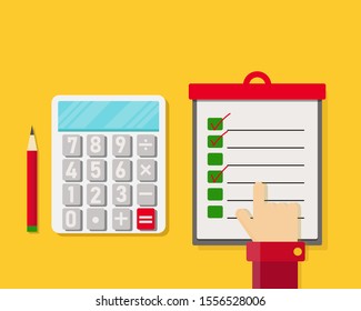 Colorful: Flat check list icon with hand point to the paper, calculator and pencil. Vector illustration