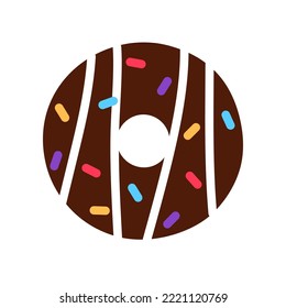 Colorful flat chocolate donut isolated on white background. Tasty baked unhealthy dessert closeup object. Brown doughnut with sprinkles frosting top Yummy treat food logo design vector illustration.