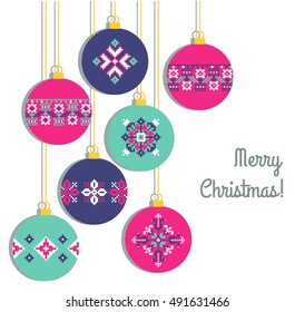 Colorful flat christmas balls with ethnic embroidery stylization ornament. New year decoration