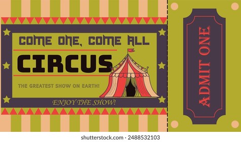 Colorful Flat Circus ticket with tent. Vector hand drawn, not AI illustration in violet, green, red, beige colors. One from Circus carnival collection	