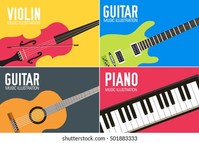 Colorful flat classical musical instruments backgrounds set vector illustration concept design