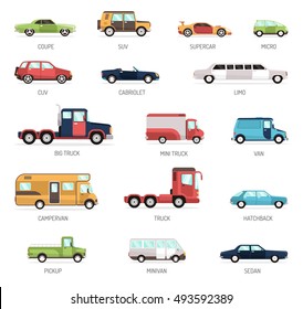 Colorful flat collection of different modern car models in side view with pickup minivan sedan and truck isolated vector illustration