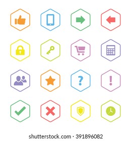 colorful flat computer and miscellaneous icon set with hexagon frame for web design, user interface (UI), infographic and mobile application (apps)