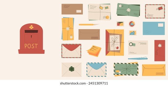 Colorful flat craft postcard background template, trendy handmade letter design with postbox and stationery, creative style paper mail illustration, cartoon greeting envelope banner concept,