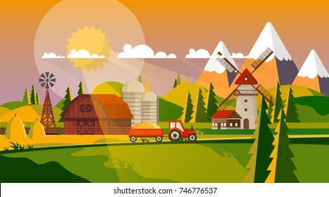 Colorful Flat Design of Agricultural Rural Landscape, Vector Illustration.