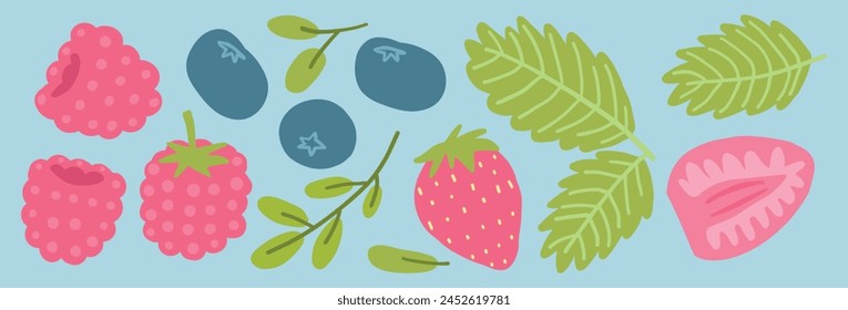 Colorful flat design of berries with leaves, featuring strawberries, raspberries, and blueberries on a light blue background.