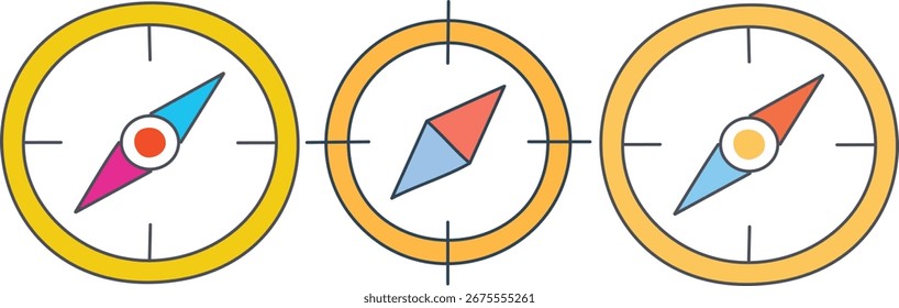 Colorful Flat Design Compass Icons Set for Navigation, Direction, and Guidance Vector Illustration