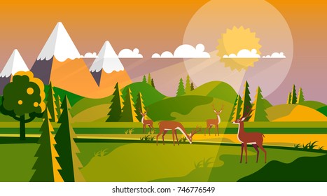 Colorful Flat Design Countryside Landscape, Vector Illustration. 