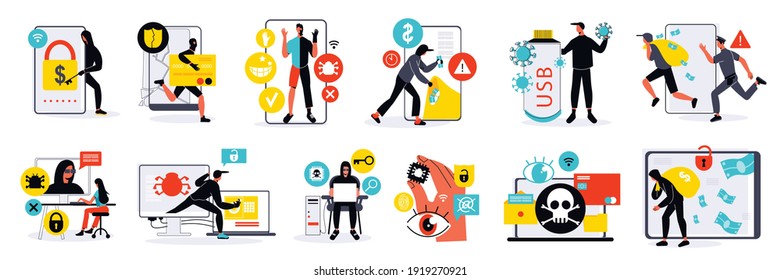 Colorful flat design cybersecurity icons set with criminals hacking into gadgets isolated vector illustration