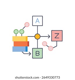 Colorful flat design flow chart with blocks circles and letters depicting process stages and connections on a White Background.