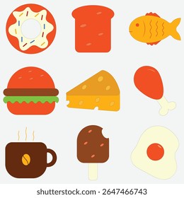 Colorful flat design food icon set featuring a donut, toast, fish, burger, cheese, drumstick, coffee, chocolate popsicle, and fried egg on a light background.