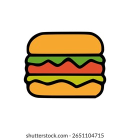 Ícone de Hambúrguer de Design Plano Colorido com Alface, Tomate e Bun Amarelo no Fundo Branco