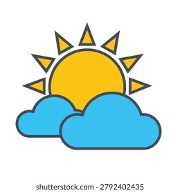 A colorful flat design icon depicting a bright yellow sun partially obscured by two light blue fluffy clouds against a white background