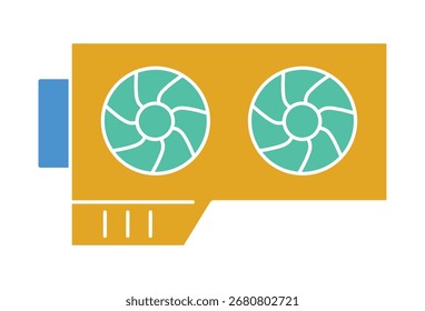 Um ícone de design plano colorido de uma placa gráfica (GPU). Esta ilustração moderna, com um resfriador de ventilador duplo, é perfeita para representar jogos de PC, hardware de computador e tecnologia.
