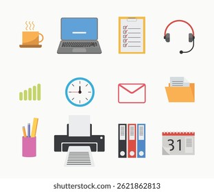 Ícone de design plano colorido conjunto de ferramentas de escritório, incluindo laptop, impressora, café, calendário e muito mais. Perfeito para negócios, aplicativos, sites e infográficos.