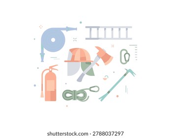 Colorful flat design icons of essential firefighting tools including helmet, axe, hose, fire extinguisher, and rescue tools.