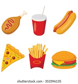 Colorful flat design icons with fast food meals isolated