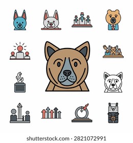 Colorful flat design icons featuring dogs in different styles and themes