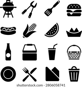 Colorful flat design icons representing barbecue picnic and outdoor dining essentials perfect for summer activities