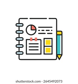 Colorful flat design illustration featuring a notepad with charts and a pencil, set against a White Background, for business or educational use.