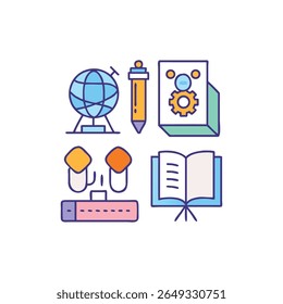 Colorful flat design illustration featuring learning objects on a White Background. Includes globe, books, eraser, pencil and opened book icon.